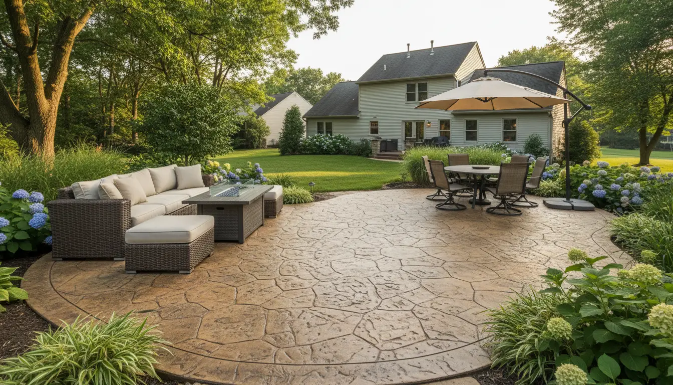 Stamped flagstone concrete patio, residential Dayton backyard