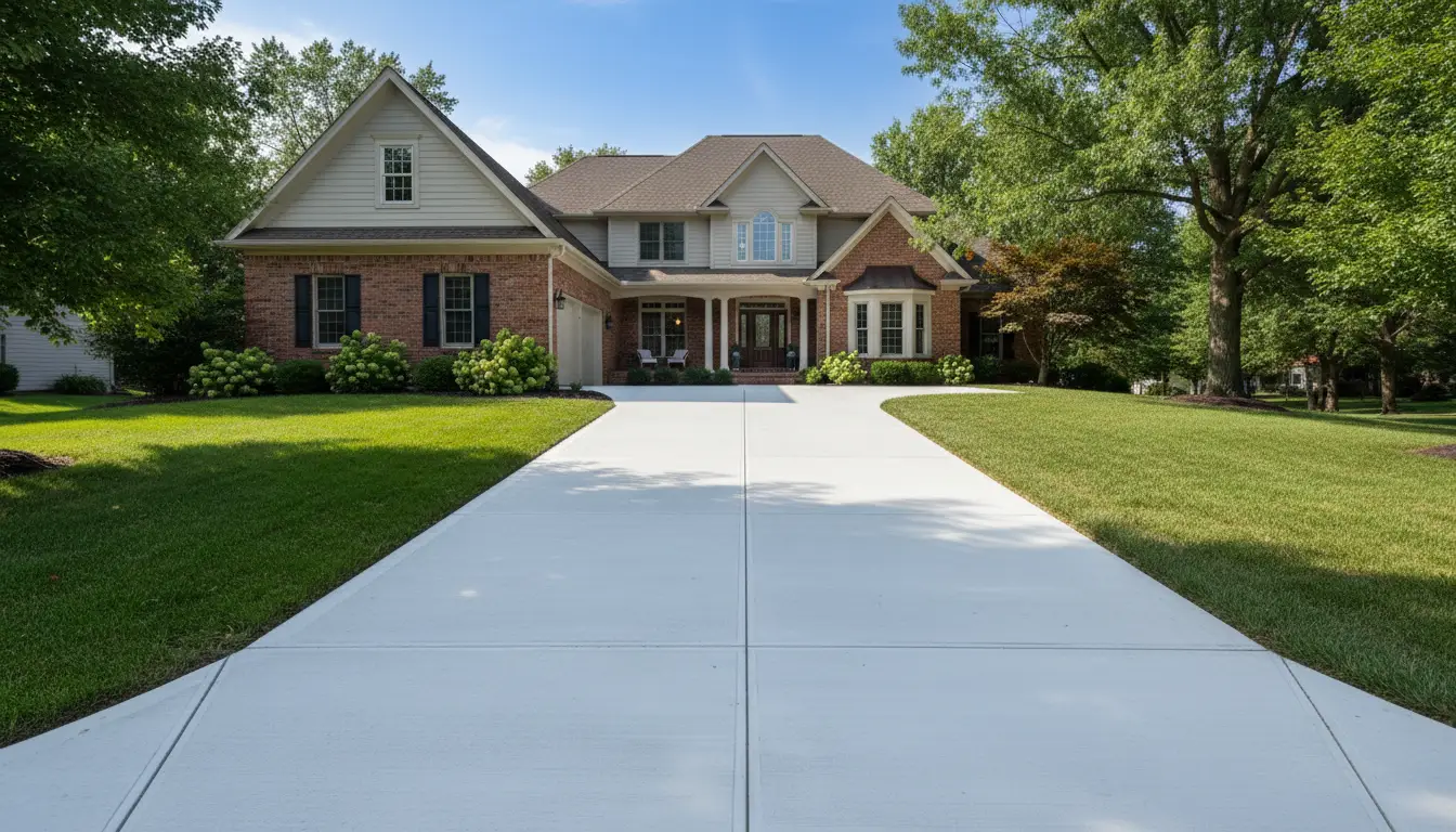 New broom-finish concrete driveway, residential Dayton neighborhood
