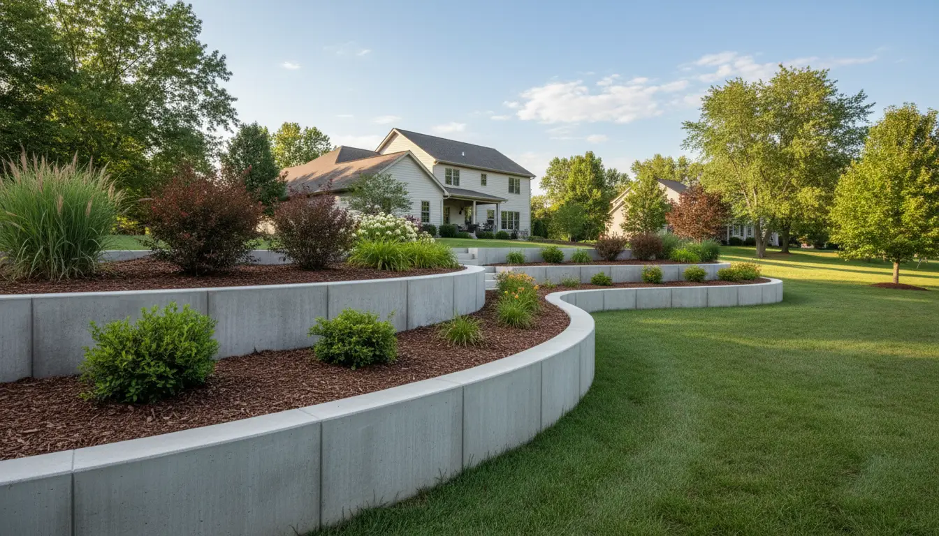 Poured concrete retaining wall with landscaping, Dayton Ohio